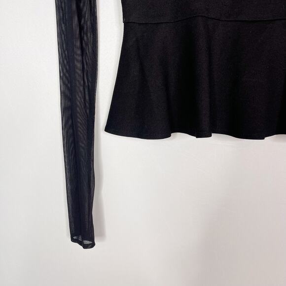 Amanda Uprichard Size P Black Mesh Peplum Long Sleeve Top Deep V Cut Out Stretch - Picture 3 of 14
